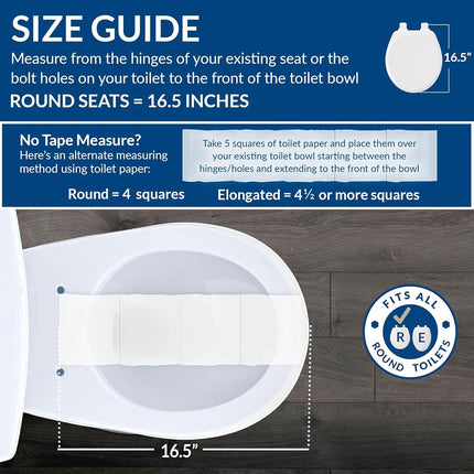 Mayfair 826BGSL 000 Asiento de inodoro Benton con bisagras de oro cepillado, cierre lento y nunca se afloja, redondo, madera esmaltada duradera, blanco