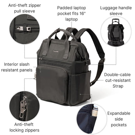 Baggallini Women's Securtex Anti-Theft Windsor Backpack for Travel, Work & Collage, RFID & Locking Zipper, Up to 16" Laptop, Charcoal, M