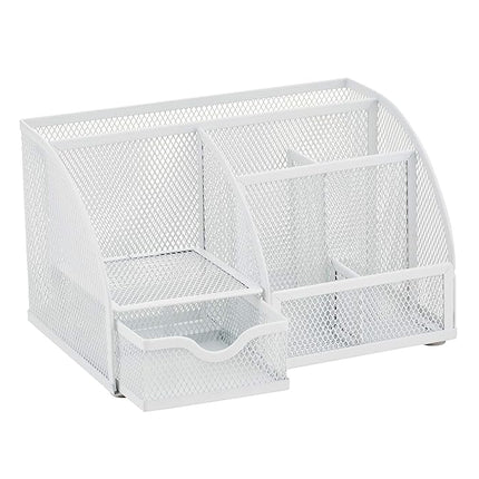 Annova Mesh Desk Organizer Office with 7 Compartments + Drawer/Desk Tidy Candy/Pen Holder/Multifunctional Organizer (White)