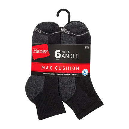 Hanes Men's Max Cushioned Double Tough Ankle Socks (6 Pairs), Black