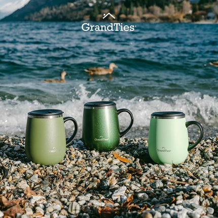 GrandTies Insulated Coffee Mug with Handle - Sliding Lid for Splash-Proof 16 oz Wine-Glass Shape Thermal Tumbler with Double Walled Vacuum Stainless Steel to Keeps Beverages Hot or Cold (Olive Green)