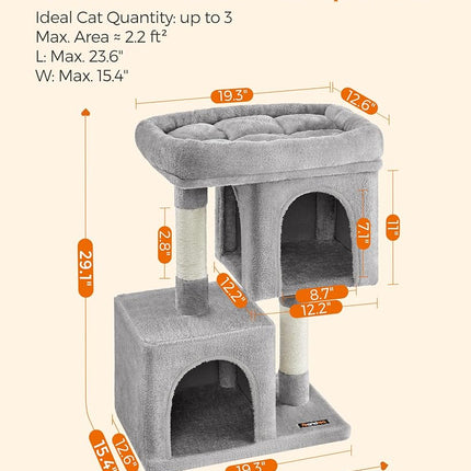 Feandrea Cat Tree Tower, 74 cm, M, Condo for Medium Cats up to 11 lb, Large Perch, 2 Caves, Scratching Post, Light Gray UPCT612W01