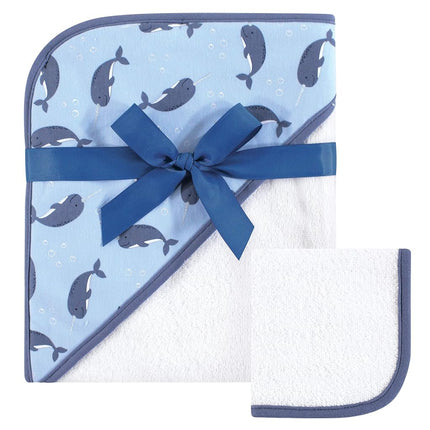 Hudson Baby Serviette à Capuche Tissée et Gant de Toilette Imprimés, Narval, Taille Unique