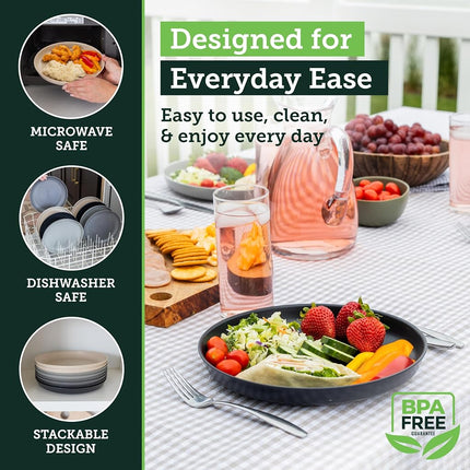 Grow Forward Premium Wheat Straw Plates - 10 Inch Reusable Hard Plastic Dinner Plates Set of 8 - Unbreakable & Microwave Safe Dishes for Dessert, Camping, RV, Outdoors, Patio, Kitchen - Moonlight