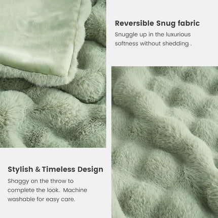 Cozy Bliss Faux Fur Throw Blanket for Couch, Bubble Plush Blanket Twin Size, Fuzzy Soft & Thick Blanket for Bed Sofa Living Room, 152.4 x 203.2cm Sage Green