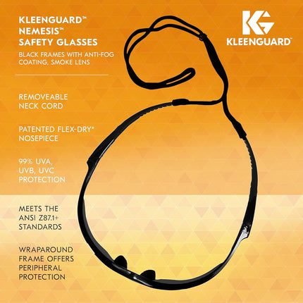 Lunettes de sécurité KLEENGUARD V30 Nemesis (22475), avec revêtement anti-buée, verres fumés, monture noire, lunettes de soleil unisexes pour hommes et femmes (Qté 12)