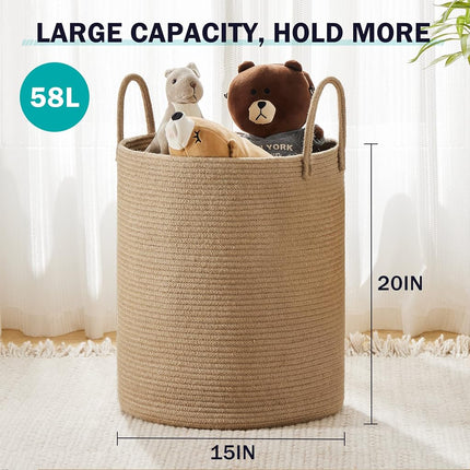 YOUDENOVA Jute Rope Woven Laundry Hamper Basket, 58L Tall Luandry Basket, Baby Nursery Hamper for Blanket Storage, Clothes Hamper for Laundry in Bedroom-Large-Jute, YDSLD007
