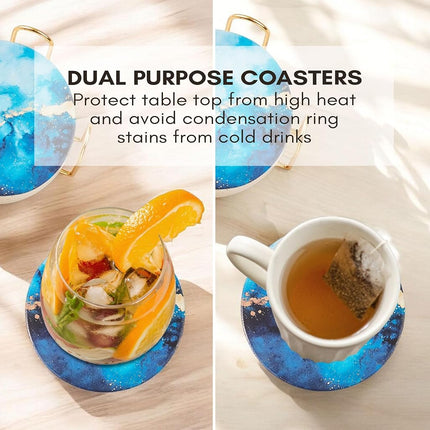 Absorbent Coaster Set of 6 with Holder, Drink Coasters for Coffee Table, Kitchen, Home Decor, Cute Ceramic Round Coasters, Alternative to Silicone, Cork or Glass Coaster (Sapphire)