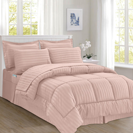 Elegant Comfort Silky Soft 8-Piece Dobby Stripe Bed-in-a-Bag Comforter Set, includes 4pc Smart Sheet Set, Bed Skirt, Comforter, Matching Pillowcases and Shams - Twin/Twin XL, Light Pink