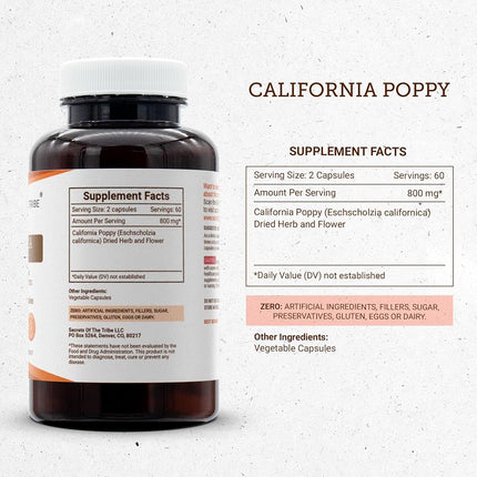 California Poppy 120 Capsules, 800 mg, Organic California Poppy (Eschscholzia Californica) Dried Herb and Flower (120 Capsules)