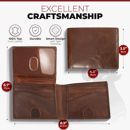 RFID Bifold Leather Wallet For Men with Flip Up ID in Vintage Buffalo Brown, With NO Logo - Forest Brown, Bifold Wallet