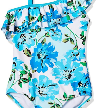 Kanu Surf Girls' Morgan Floral Ruffle 1-Shoulder 1-Piece Swimsuit, Flower Power Blue, 10