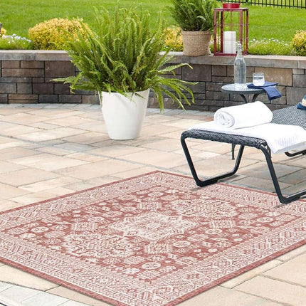 Tapis d'extérieur Unique Loom Collection Aztec - Chalca (1,60 m x 1,60 m, Rouge rouille/Ivoire)