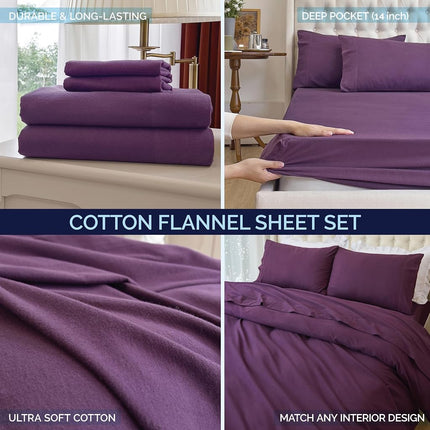 Elegant Comfort Soft 4-Piece 100% Turkish Cotton Flannel Sheet Set - Premium Quality, Deep Pocket Fitted Sheet, Ultra Soft, Cozy Warm and Anti-Pill Flannel Sheets - Twin, Purple