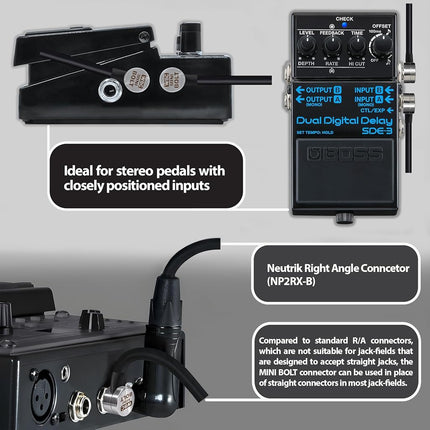 3 Units - 6 Inch - WBC-PRO-PEDAL – 22 AWG - Low-Cap (18pF/ft) – Pro-Grade – Graphite-based - Dual-Shielded Pedal, Effects, Patch, instrument cable with WBC MINI BOLT Ultra-Small Angled TS Plugs