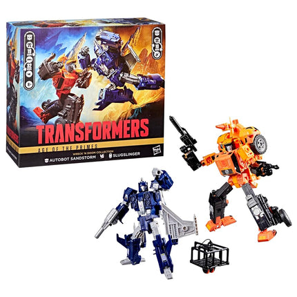 Transformers La Era de los Primes Colección Destrucción y Condena Pack de 2, Figuras de Acción de Autobot Sandstorm de 7.5 Pulgadas y Slugslinger de 5.5 Pulgadas, Juguetes Robot, 8+
