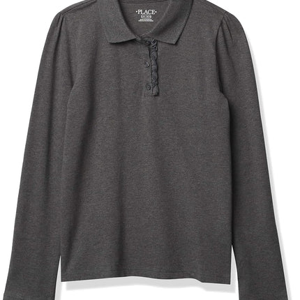 Polo piqué à manches longues et volants The Children's Place pour fille, gris chiné foncé, grande taille