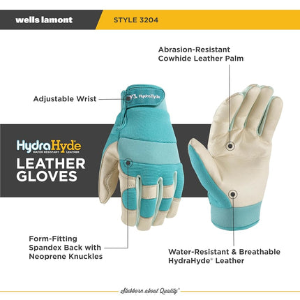 Wells Lamont Women's Hybrid Work/Gardening Gloves | Water-Resistant HydraHyde Leather | Small (3204S), Aqua