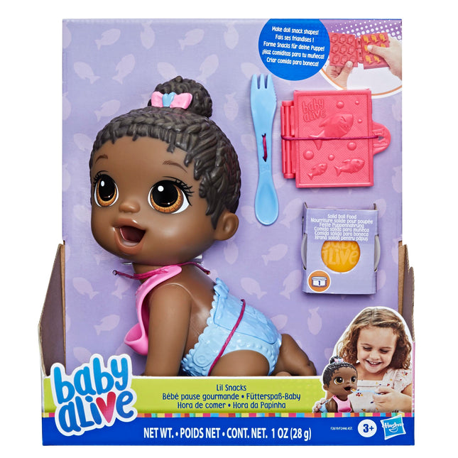 Poupée Baby Alive Goûter Rigolo, mange et fait caca, poupée de 20 cm sur le thème du goûter, moule boîte à goûter, jouet pour enfants à partir de 3 ans, cheveux noirs