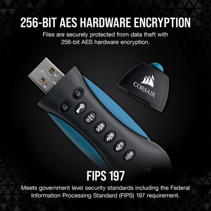 Corsair Flash Padlock 3, unidad flash USB 3.0 segura de 256 GB con teclado (cifrado AES de 256 bits, estándares de seguridad FIPS 197, carcasa de goma resistente, teclado PIN incorporado) negro/azul