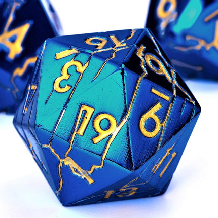 Metal Dice for DND - Ancient Cracked Lightning – Blue Gold Cracks