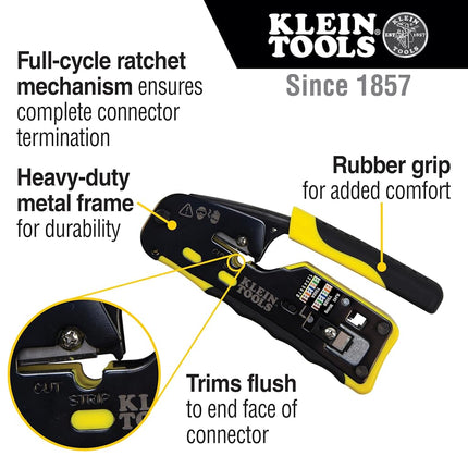 Klein Tools VDV226-110 Ratcheting Modular Data Cable Crimper/Wire Stripper/Wire Cutter for RJ11/RJ12 Standard, RJ45 Pass-Thru Connectors