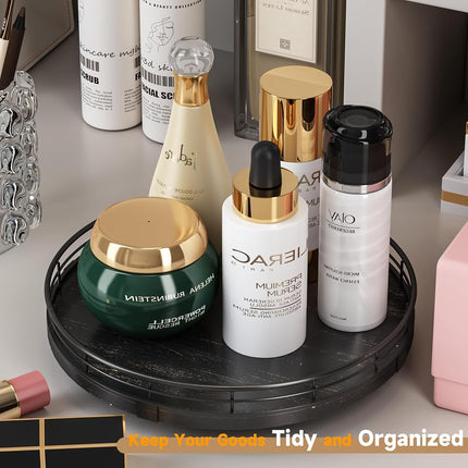 AMH 10-Inch Oak Lazy Susan Vanity Tray with Black Brushed Gold Rail