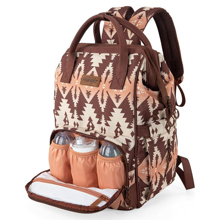 Wrangler Aztec Backpack Organized Daypack Travel Baby Bag with Stroller Strap and Side Bottle Pockets, Angel Brown, Daypack Backpacks WG-BG-2204-9110-BR