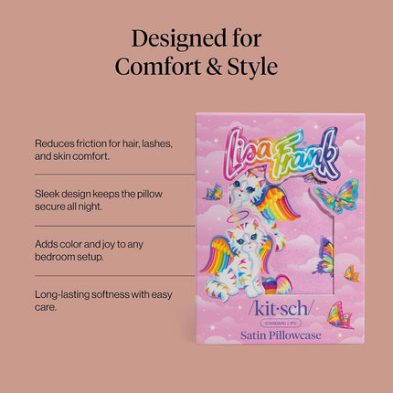 Kitsch x Lisa Frank Satin Pillowcase with Zipper for Hair & Skin, Softer Than Silk Pillow Cases Queen, Wrinkle-Free, Smooth and Cooling Satin Pillow Covers Standard/Queen Size 19x26 - Angel Kitty