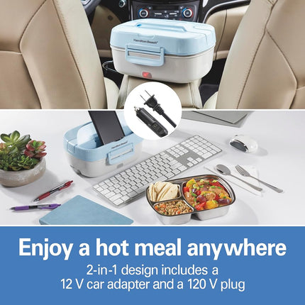 Calentador de alimentos portátil eléctrico Hamilton Beach para el almuerzo en la oficina y el coche con adaptador de 12V, enchufe de 120V, bandeja de acero inoxidable de 3 compartimentos, bolsa de transporte aislada, tenedor y cuchara, azul (33105)