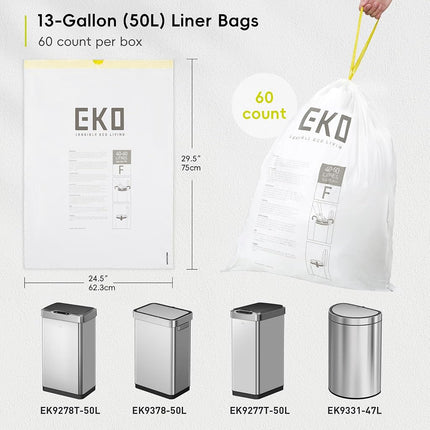 EKO 13 Gallon / 40-60 Liter Drawstring Trash Bags, Extra-Strong Unscented Garbage Bags, 60 Count Easy-Dispense Roll for Kitchen & Household Use, Leak-Resistant, Code F, White