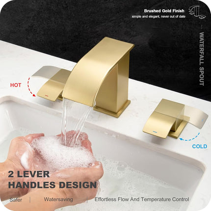 GAGALIFE Grifos de baño de 8 pulgadas tipo cascada de 3 orificios - Grifo de baño dorado cepillado de montaje extendido con desagüe emergente, grifo de lavabo de baño de dos manijas, Patente No. : US D967,340 S