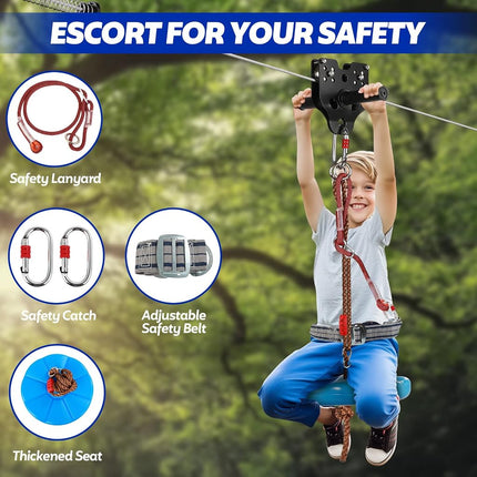 FAHKNS Zip Line Kit for Kids Adults: 80FT Up to 400 lbs - Updated Removable Design Trolley,Thickened Seat,Safety Harness,Quick Tighten Zipline Kits for Outdoor Backyard