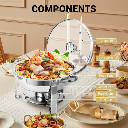 Calentadores de comida para buffet, juego de 2, 5 cuartos, de acero inoxidable, redondos, con tapa de cristal y soporte para la tapa, para fiestas, reuniones, eventos, banquetes de boda, color plateado