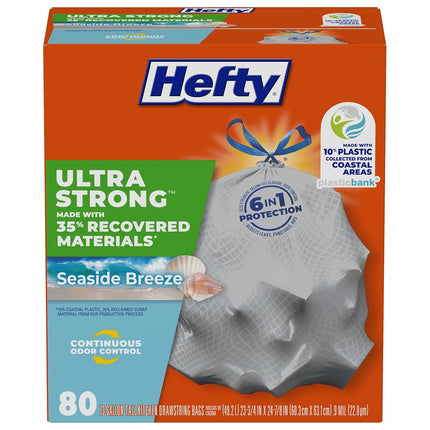 Hefty Ultra Strong Tall Kitchen Trash Bags, 35% Recovered Materials, Seaside Breeze, 13 Gallon, 80 Count