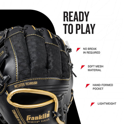 Franklin Sports Kids Baseball Gloves - Meshtek Child's Teeball Glove + Ball Set - Boys + Girls Teeball Mitt Set - Left Hand Throw - 9.5" - Black/Gold