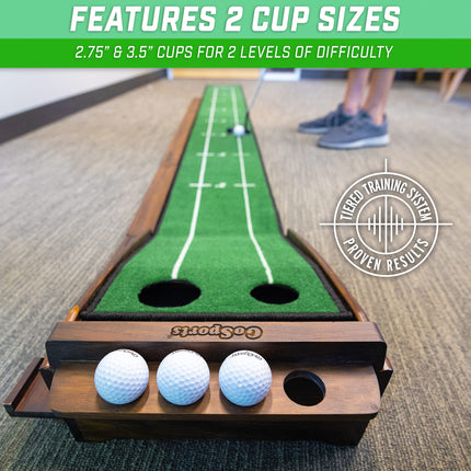 GoSports Pure Putt Golf Pista de putting de 9 pies - Ayuda de entrenamiento de madera de primera calidad para práctica de putting en casa y oficina, incluye pista de putting de 9 pies y 4 pelotas de golf