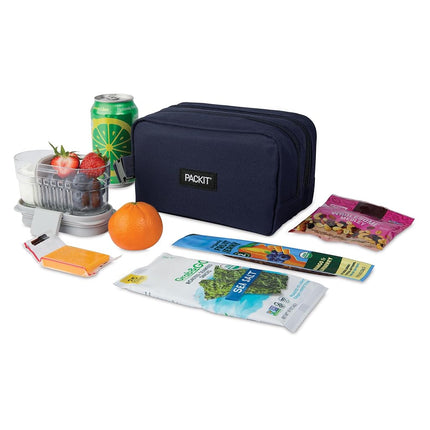 PackIt Freezable Dual Compartment Snack Box, Midnight Navy, Insulated and Freezable with ECOFREEZE Technology, Buckle Handle, Zip Closure, Reusable, Collapsible, Designed for Perishables and Dry Snack