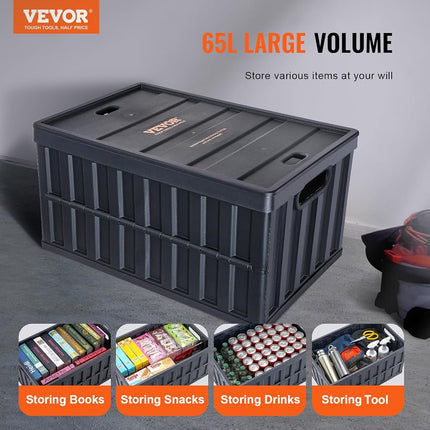 VEVOR 45L Collapsible Storage Bins with Lids 3 Packs, Stackable Utility Crates with Handles, Large Folding Containers for Organizing Tools, Snacks, Books, Food, Drinks, Camping & Transport
