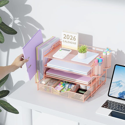 gianotter Paper Letter Tray Organizer with File Holder, 4-Tier Desk Accessories & Workspace Desk Organizers with Drawer and 2 Pen Holder for Office Supplies (Rose Gold)