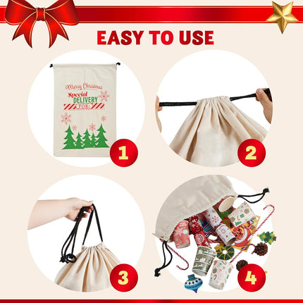 JOYIN 3 PCS Christmas Large Canvas Gift Bag 26" x 19", Drawstring Santa Burlap Sack Reusable Personalized Cloth Pouch for Xmas Presents Package, Party Supplies, Hoilday Decoration, Green&White&Red