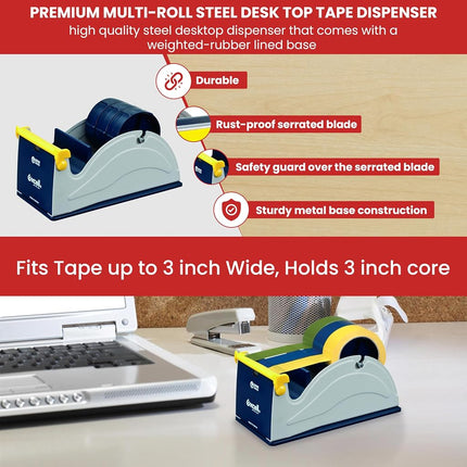 GGR Supplies T.R.U. ET-337 Blue/Grey Premium Multi-Roll Steel Desk Top Tape Dispenser: 3 in. Wide (3 in. Core)