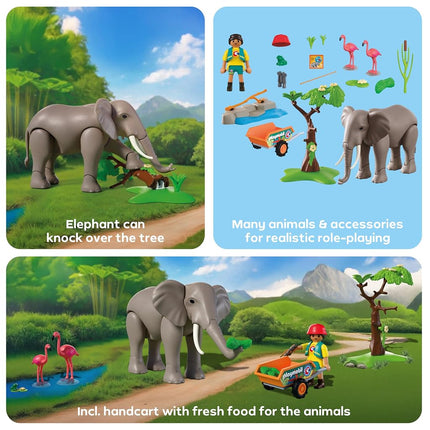 Playmobil | Animal and Friends | Elephant with Animal Keeper | Zoo Toy Set with 4 Animals and Enclosure Accessories, For children aged 4 and up, 72068