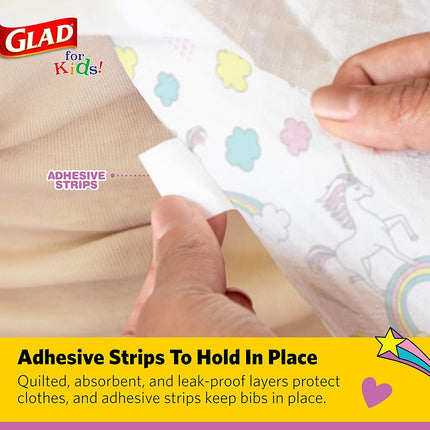Glad for Kids Unicorn Paper Disposable Bibs with Crumb Catcher for Feeding - Absorbent and Leakproof Eating and Travel Must Haves for Mess-Free Meals, 30 Count