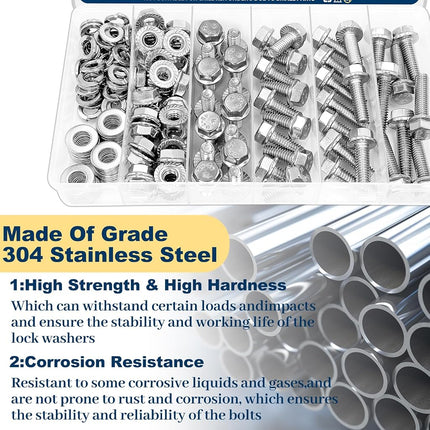 Vifmy 3/8-16 x 3/4", 1", 1-1/4", 1-1/2" Flange Hex Head Bolts Assortment Kit (112 Pack) with Serrated Flange Nuts, Washers & Lock Spring Washers, Hex Head Screw, Stainless Steel Full Thread