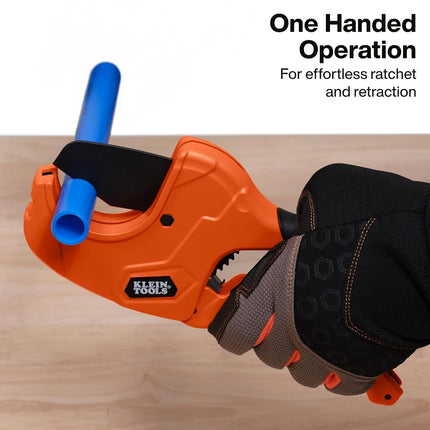 Klein Tools 50080 Ratcheting PVC Pipe Cutter, Cuts 2-Inch ID PVC, CPVC, PEX Pipes, One-Handed Operation, Replaceable Blades