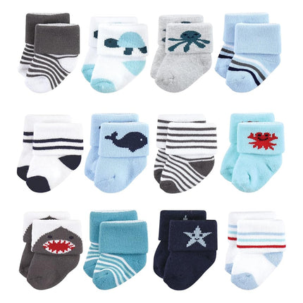Hudson Baby Calcetines de bebé de algodón rico para recién nacida y rizo, criaturas marinas, paquete de 12, 6-12 meses
