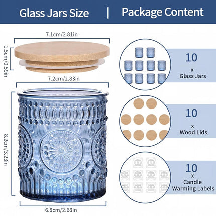 DARJEN 10 Pack Blue Candle Jars - 7.5 OZ Glass Candle Making Kits with Bamboo Lids and Labels - DIY Candle Gifts & Supplies