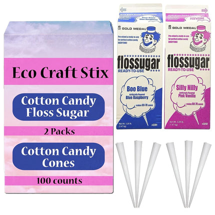 Eco Craft Stix Azúcar para Hilo Dental Paquete de 2 con 100 Conos de Algodón de Azúcar