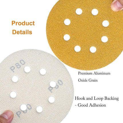Aiyard 5-Inch 8-Hole Hook and Loop Sanding Discs 60-400 Mixed Grit, 50-Pack